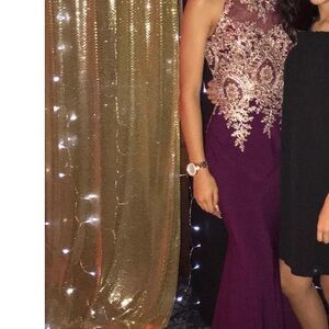 Dark purple and gold prom dress